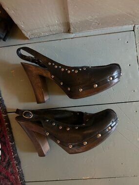 Studded black leather high heel wooden sole clogs women size 36 run large